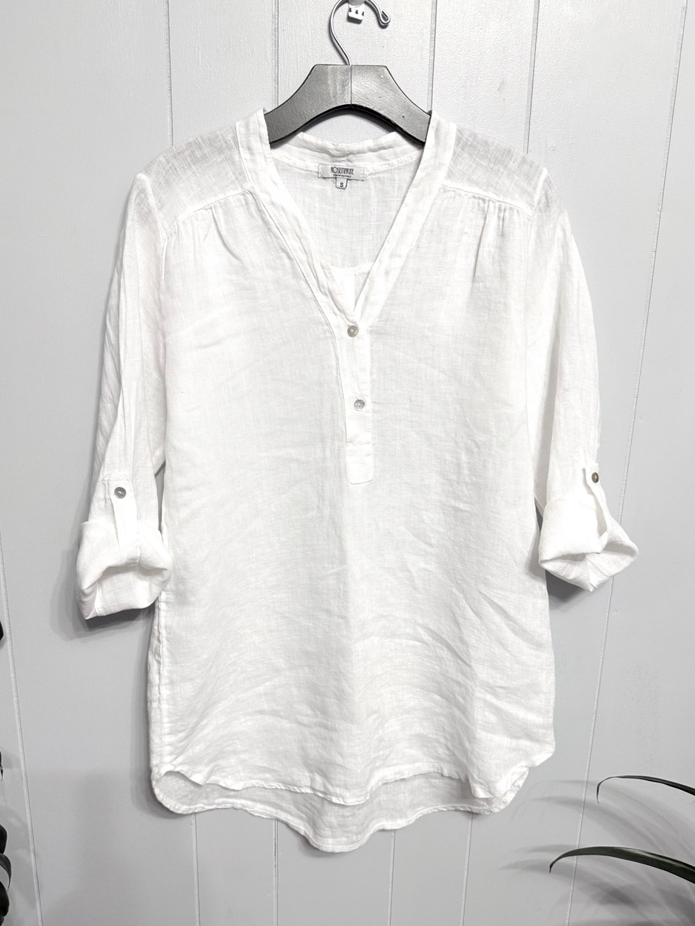 #17)   Rosemarine Classic White V-Neck Roll-Sleeve Tunic 100% Linen